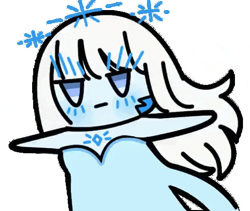 a cartoon drawing of a girl with white hair and blue eyes and snowflakes on her head .
