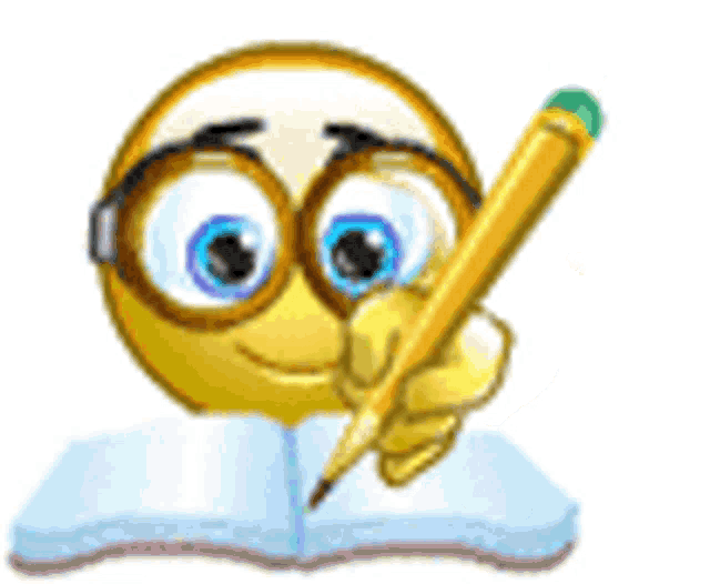 a smiley face wearing glasses is writing in a notebook .