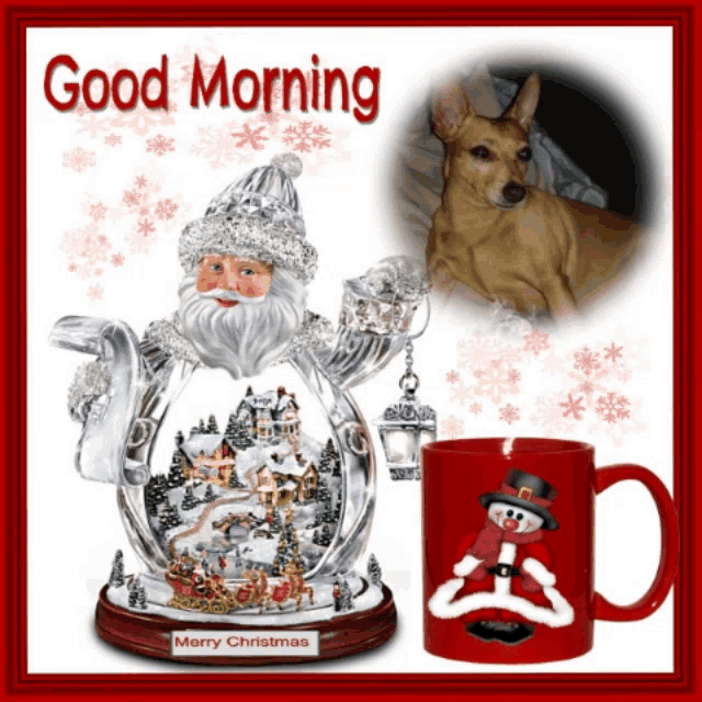 a good morning greeting card with a santa figurine and a red mug