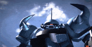 a robot with horns and a shield is against a blue sky