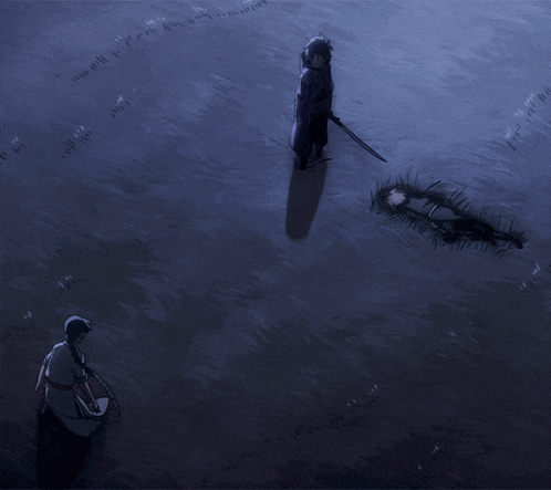a man with a sword is standing in the water next to another man laying on the ground