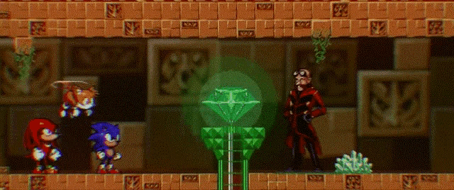 sonic the hedgehog and knuckles are playing a video game with a green diamond in the background