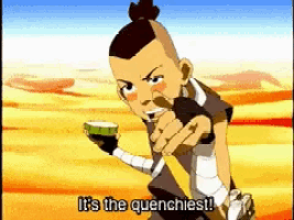 a cartoon character says " it 's the quenchiest " while holding something in his hand