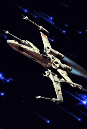 a star wars x-wing fighter plane is flying through a starry sky