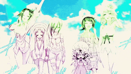 a group of anime characters standing next to each other on a blue sky background