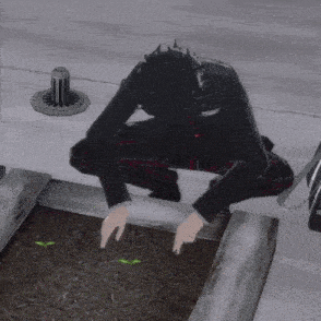 a video game character is kneeling down next to a small plant .