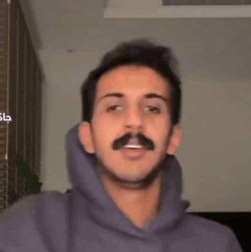 a man with a mustache is wearing a gray hoodie and looking at the camera .