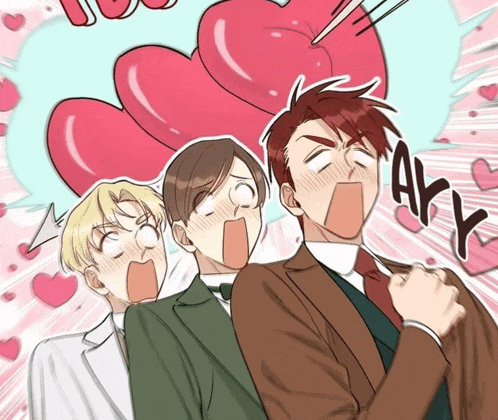 three men are standing next to each other with a heart in the background and a speech bubble that says akk