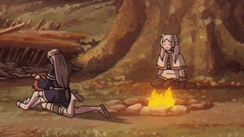 a cartoon of a man kneeling down next to a woman sitting by a fire