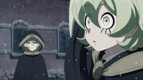 a girl with green hair is wearing a hooded cape with a chinese symbol on it