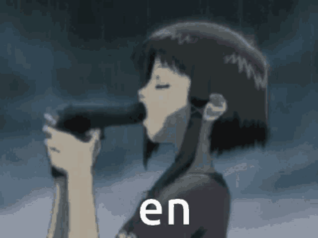 a girl is holding a gun in her mouth and the word en is visible