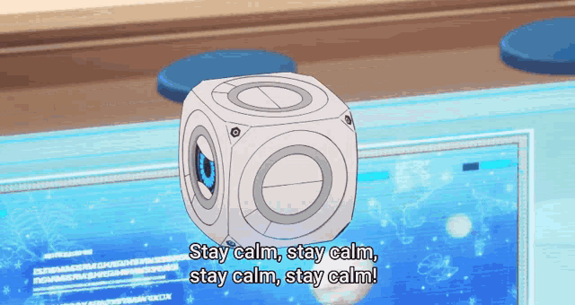 a cartoon character says " stay calm stay calm stay calm " in front of a screen