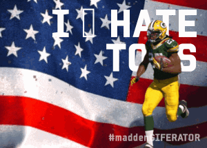 a football player running in front of an american flag with the words i hate tos written on it