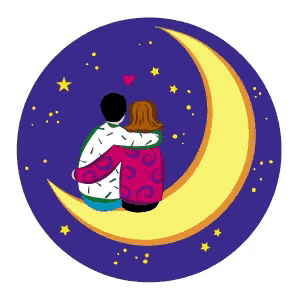 a man and a woman are sitting on a crescent moon hugging each other