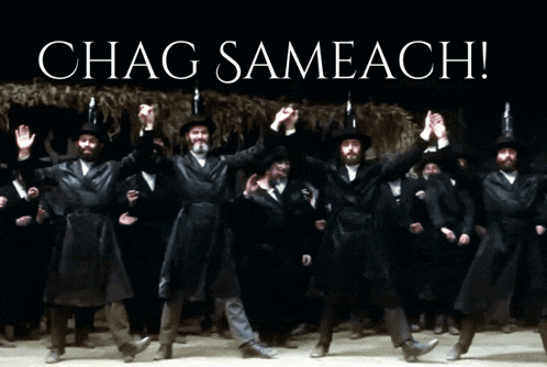 a group of men are dancing with the words chag sameach above them
