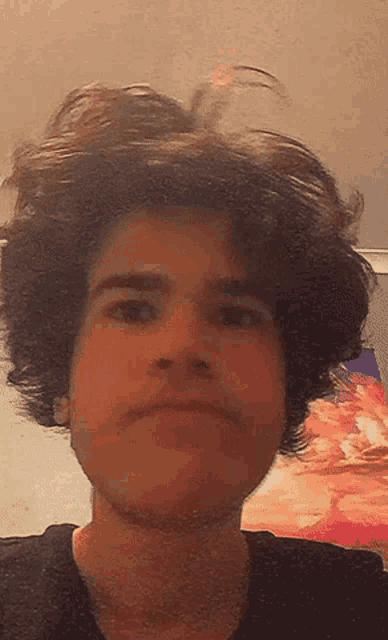 a close up of a person 's face with a painting behind them