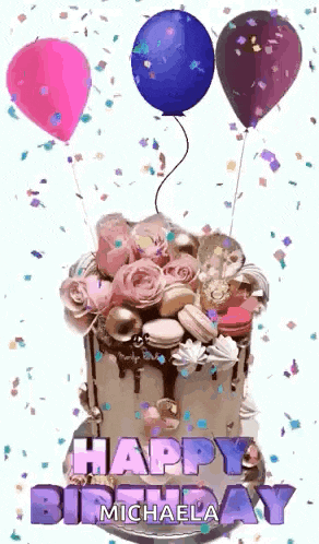 a birthday cake with balloons and confetti coming out of it .