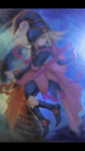 a blurry painting of a woman in a blue and purple outfit