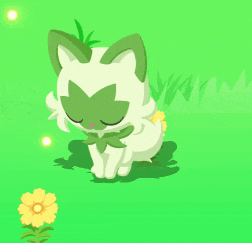a cartoon cat with green eyes and a yellow flower