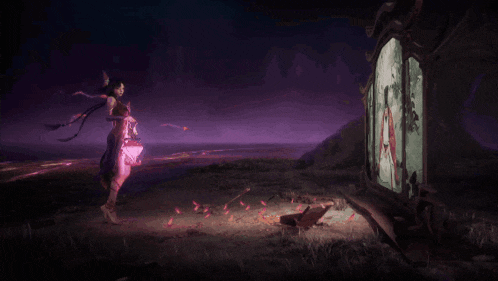 a video game scene with a woman holding a lantern standing in front of a mirror