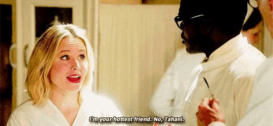 a man and a woman are talking and the woman is saying `` i 'm your hottest friend .