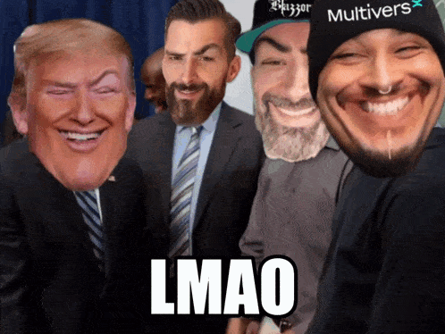 a group of men with one wearing a hat that says ' multivers ' on it