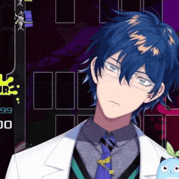 a man with blue hair and glasses is standing in front of a screen that says 99