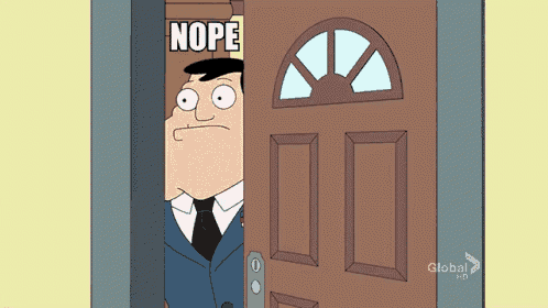 a cartoon of a man peeking out of a door that says nope on it