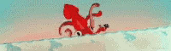 a red squid is swimming in the ocean with a blue sky in the background .