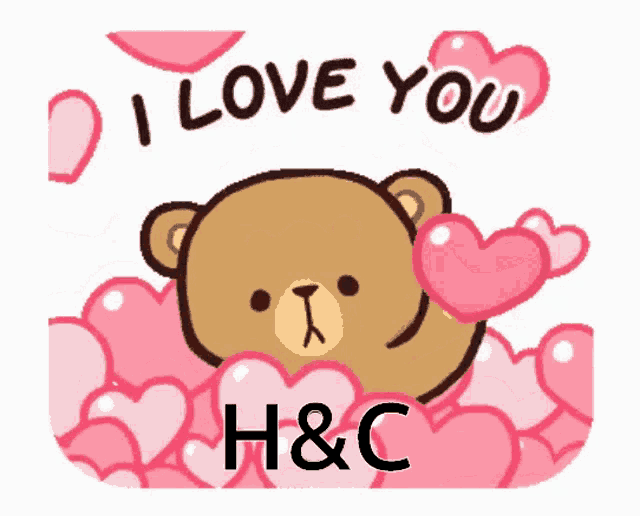 a teddy bear is surrounded by pink hearts and says " i love you "