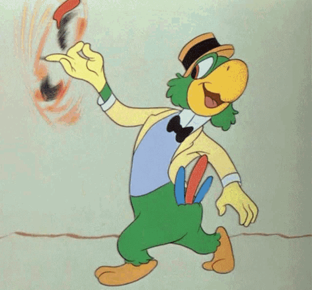 a cartoon character with green hair and a top hat is playing with a frisbee