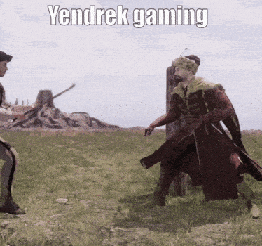 two men are standing in a grassy field with the words yendek gaming written above them