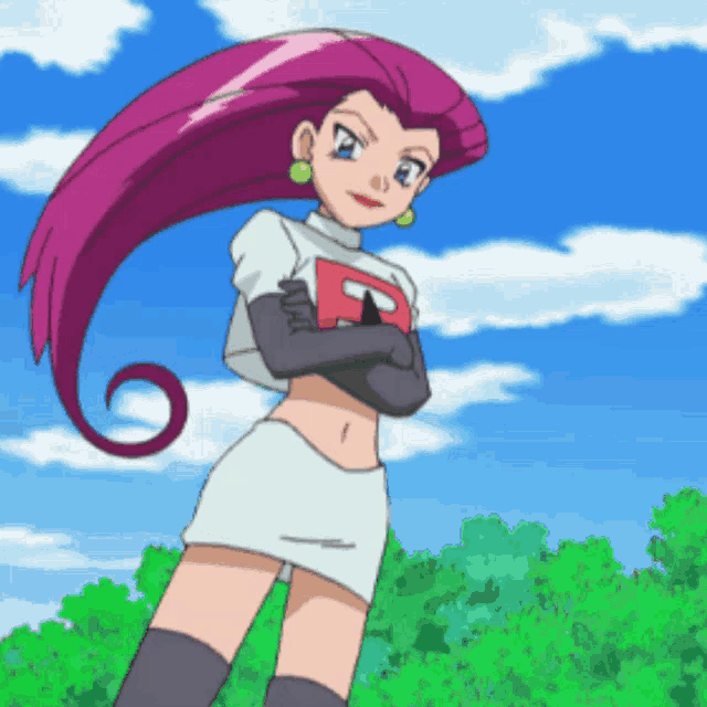 a cartoon character with long pink hair and a shirt that says r on it