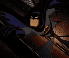 a cartoon of batman flying through the air with a sword