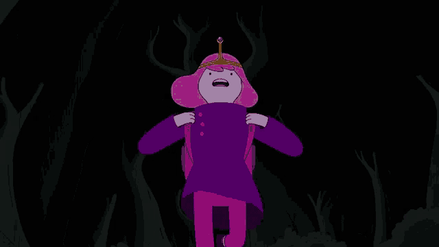princess bubblegum from adventure time is running through a dark forest .