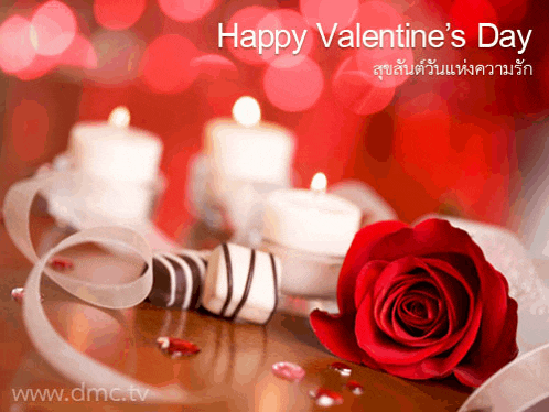 a valentine 's day greeting with a red rose and candles in the background