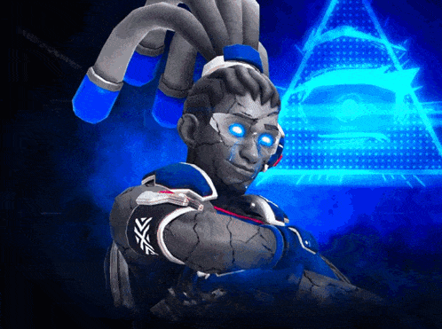 a man with blue eyes and a triangle in the background