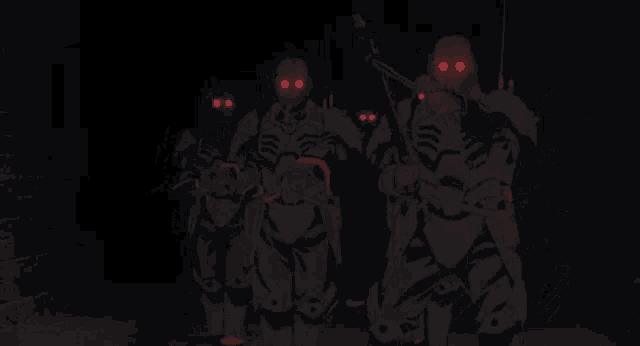 a group of soldiers with red eyes are standing in the dark .