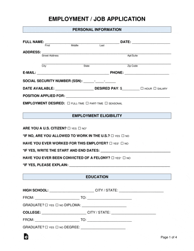 an employment / job application with a personal information section on page 1