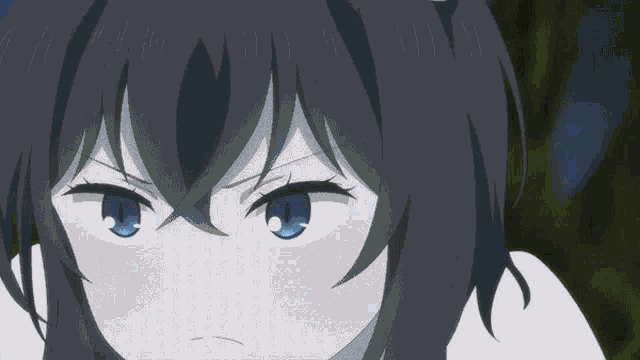 a girl with black hair and blue eyes is standing in the woods