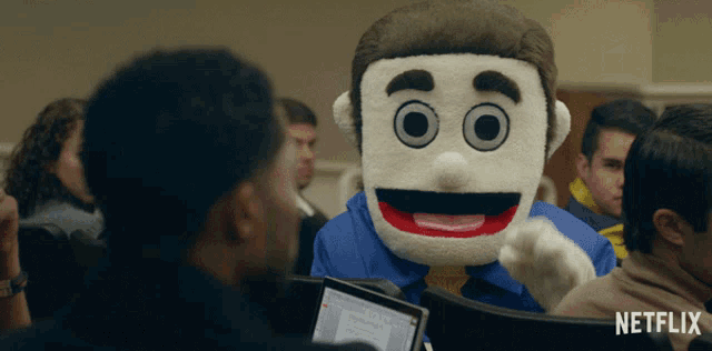 a netflix ad shows a man in a mascot costume talking to a group of people