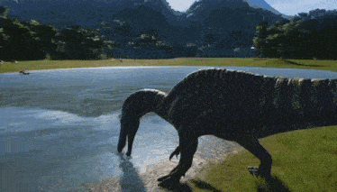 a dinosaur is drinking water from a small pond