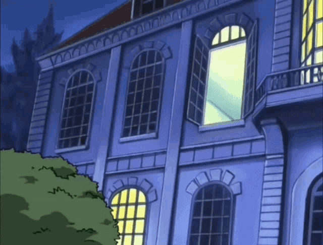 a cartoon drawing of a building with a balcony and lots of windows