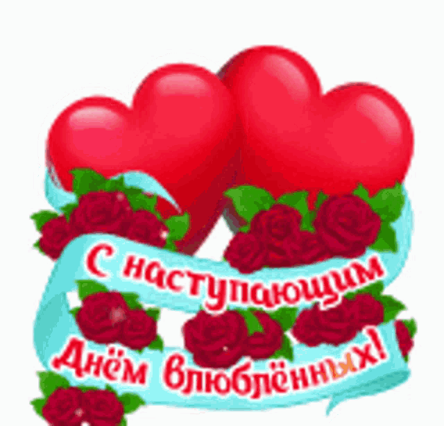 two red hearts are surrounded by red roses and a blue ribbon with russian writing