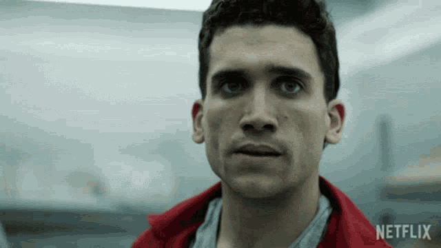 a man in a red jacket is looking at the camera with a netflix logo in the corner .