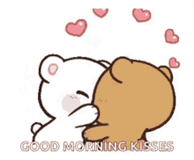 a couple of teddy bears kissing each other with hearts coming out of their heads .