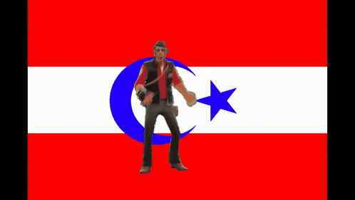 a man in a cowboy hat is standing in front of a flag