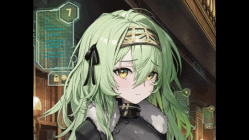 a girl with green hair is wearing a headband with a number 7 on it