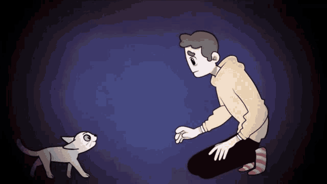 a cartoon of a man kneeling down reaching out to a cat