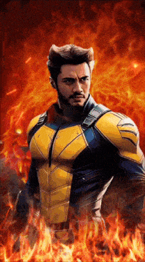 a man in a yellow and blue suit is standing in front of a fire
